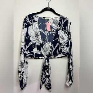 Flowy boho tropical beach crop tie top navy blue and white flowery pattern